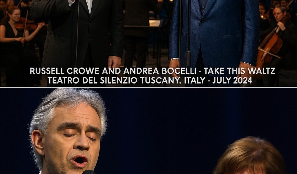 On the legendary stage of the Teatro del Silenzio in the Tuscan countryside, Russell Crowe and Andrea Bocelli sang Take This Waltz together – a performance that took the whole room by surprise.