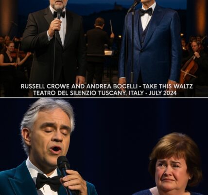 On the legendary stage of the Teatro del Silenzio in the Tuscan countryside, Russell Crowe and Andrea Bocelli sang Take This Waltz together – a performance that took the whole room by surprise.