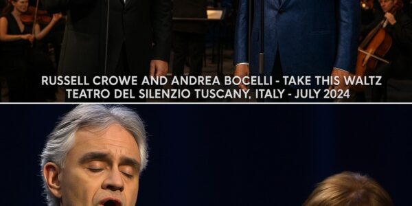 On the legendary stage of the Teatro del Silenzio in the Tuscan countryside, Russell Crowe and Andrea Bocelli sang Take This Waltz together – a performance that took the whole room by surprise.