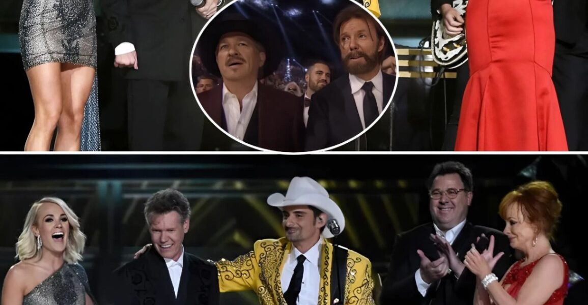 Real country didn’t fade—it walked back into the spotlight and owned the night. When Alan Jackson, Brad Paisley, Carrie Underwood, and Reba McEntire took the stage, it wasn’t just music—it was a moment. Their voices blended like old friends around a porch light, raw and real, and by the second chorus, half the crowd was wiping tears. Then came Randy Travis. With one soft, trembling “Amen,” time seemed to stop. The soul in that one word hit harder than a thunderclap. Even legends like Keith Urban and Brooks & Dunn stood frozen, eyes glassy, overcome by the truth pouring from that stage. Country didn’t die—it just needed a night like this to remind the world who it really is.