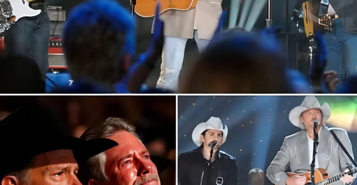 When Alan Jackson and Brad Paisley kicked off “It’s Five O’Clock Somewhere,” the crowd was already on their feet—but the moment King George Strait stood up and tipped his hat, you knew something special was coming. Then, out of nowhere, Brad stepped back, gave Alan the spotlight, and the entire mood changed. With just his voice and a quiet strum of the guitar, Alan delivered a raw, emotional tribute to Jimmy Buffett that hit everyone right in the heart. You could see people wiping their eyes, holding their breath—nobody expected a party anthem to turn into a moment of pure, powerful country soul. It wasn’t just a performance. It was a goodbye, a celebration, and a reminder of why country music still matters. This wasn’t staged—it was real, and if you missed it, you missed something unforgettable…