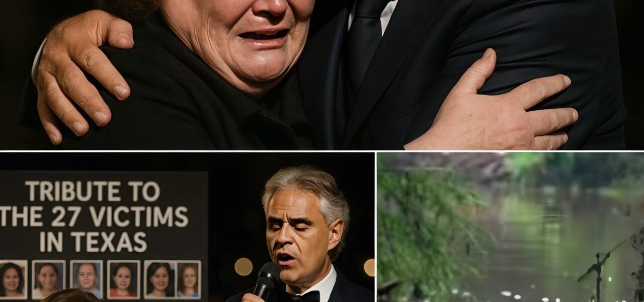 Susan Boyle and Andrea Bocelli unite in heart-shattering tribute: “Time to Say Goodbye” echoes as 27 candles flicker – audience weeps, world goes silent for 4 sacred minutes. No flashing lights, no grand entrance—just a piano, two voices, and 27 candles burning for the souls swept away by Texas’s devastating floods. Susan Boyle began with a voice like a grieving mother’s whisper, and Andrea Bocelli followed, his tone deep and eternal, as if heaven itself leaned in to listen. The crowd froze. No one dared record—hands trembling, eyes already flooded. One witness posted: “I’ve never felt music this powerful. They didn’t just sing—they carried them home.”