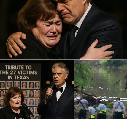 Susan Boyle and Andrea Bocelli unite in heart-shattering tribute: “Time to Say Goodbye” echoes as 27 candles flicker – audience weeps, world goes silent for 4 sacred minutes. No flashing lights, no grand entrance—just a piano, two voices, and 27 candles burning for the souls swept away by Texas’s devastating floods. Susan Boyle began with a voice like a grieving mother’s whisper, and Andrea Bocelli followed, his tone deep and eternal, as if heaven itself leaned in to listen. The crowd froze. No one dared record—hands trembling, eyes already flooded. One witness posted: “I’ve never felt music this powerful. They didn’t just sing—they carried them home.”
