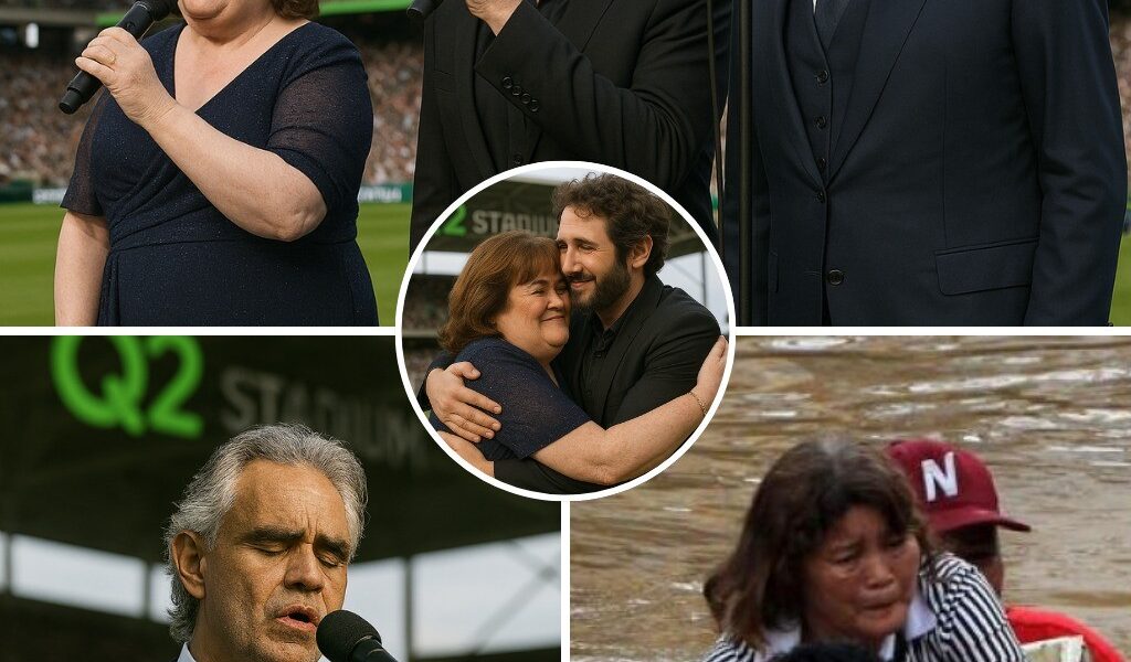 “You Raise Me Up…” 💔 — On the night of July 14, beneath the soft lights of Q2 Stadium in Austin, three voices echoed across the grieving Texas sky. Andrea Bocelli, Josh Groban, and Susan Boyle stood hand in hand at center stage, invited by the Harmony for Hope Foundation and local charities to honor lives lost in the devastating Hill Country floods. As the first piano notes of “You Raise Me Up” played, Susan’s trembling voice opened the tribute. Josh followed, his rich tone blending into Andrea’s soaring Italian verse. Midway, Bocelli’s voice broke. He turned, overcome, and Susan reached for him. The crowd fell silent. No phones. No cheers. Just tears. Behind them, a screen faded in with the faces of children, grandparents, and first responders — now gone. By the final chorus, thousands were standing, candles in hand, whispering: “You raise me up… so I can stand on mountains.”