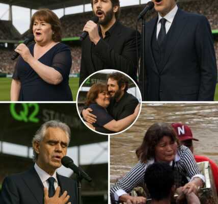 “You Raise Me Up…” 💔 — On the night of July 14, beneath the soft lights of Q2 Stadium in Austin, three voices echoed across the grieving Texas sky. Andrea Bocelli, Josh Groban, and Susan Boyle stood hand in hand at center stage, invited by the Harmony for Hope Foundation and local charities to honor lives lost in the devastating Hill Country floods. As the first piano notes of “You Raise Me Up” played, Susan’s trembling voice opened the tribute. Josh followed, his rich tone blending into Andrea’s soaring Italian verse. Midway, Bocelli’s voice broke. He turned, overcome, and Susan reached for him. The crowd fell silent. No phones. No cheers. Just tears. Behind them, a screen faded in with the faces of children, grandparents, and first responders — now gone. By the final chorus, thousands were standing, candles in hand, whispering: “You raise me up… so I can stand on mountains.”