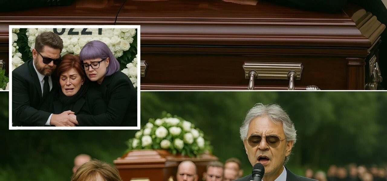 “We’ve got you, Mum” — A heartbreaking moment as Jack and Kelly Osbourne held tightly onto their mother, Sharon, just as she nearly collapsed in grief beside the sea of white floral tributes for Ozzy. The wind carried the scent of jasmine and quiet sobs. Sharon trembled as she touched the photo of her husband, tears streaming down her face. And then — from the steps of the cathedral — Susan Boyle’s gentle voice began to rise, singing “You Raise Me Up,” soon joined by Andrea Bocelli’s warm tenor. The entire square fell silent. No stage lights, no applause — only music, wrapping around the Osbourne family like invisible arms. Sharon lifted her head, her eyes still wet but now flickering with the faintest glimmer of light. In that moment, grief was no longer a bottomless pit — it became a tender farewell sung into the wind.