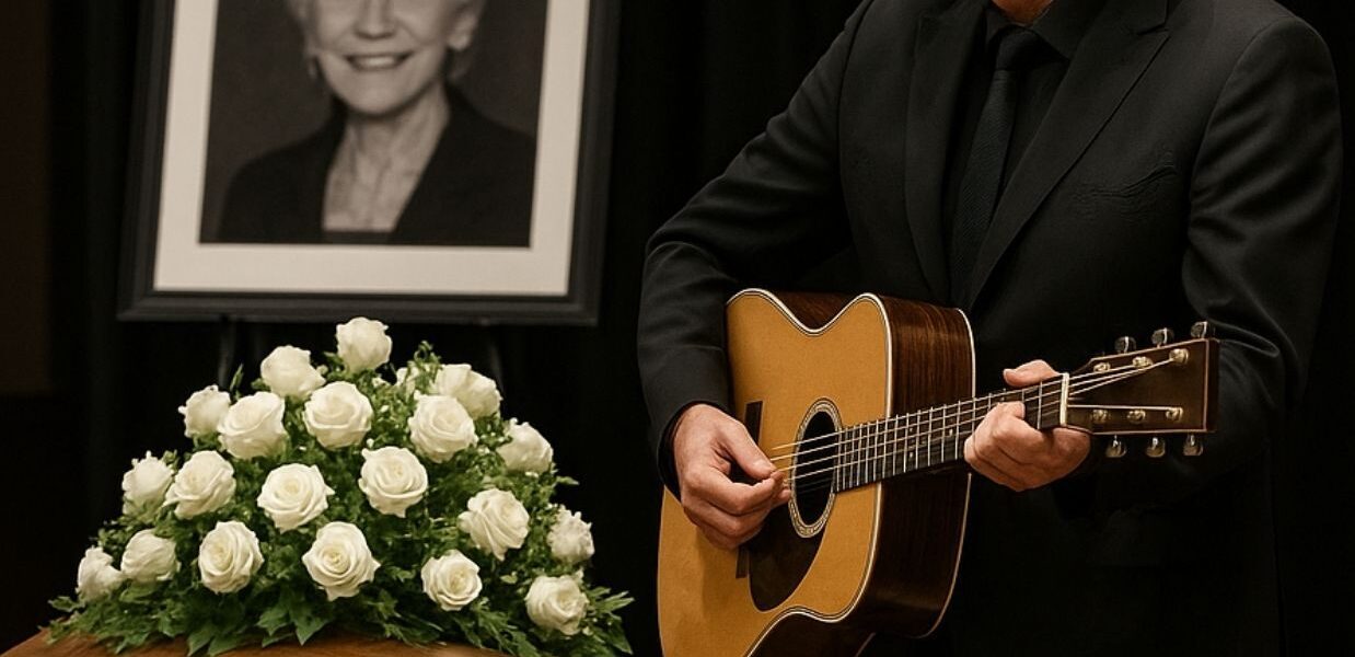 No press. No spotlight. Alan Jackson arrived quietly at Jeannie Seely’s funeral — just a man in black, stepping into sacred silence. The chapel, soft with white flowers and golden light, seemed to hold its breath as he stood.