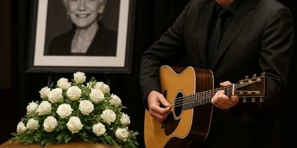 No press. No spotlight. Alan Jackson arrived quietly at Jeannie Seely’s funeral — just a man in black, stepping into sacred silence. The chapel, soft with white flowers and golden light, seemed to hold its breath as he stood.