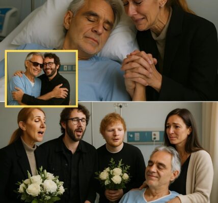 Andrea Bocelli – the legendary tenor of the world – was rushed to the hospital in the middle of the night, leaving fans around the globe in shock. Just hours after the news broke, the hospital hallway unexpectedly filled with the sound of footsteps and the gentle notes of a piano: Celine Dion, Josh Groban, and Ed Sheeran arrived, carrying white flowers and the melodies he had always cherished. Bocelli sat in a wheelchair, eyes closed, a faint smile on his lips as he listened to each note. His wife, Veronica, stood by his side, tears welling in her eyes. There were no stage lights, no ticketed audience – only a quiet performance among lifelong friends. Nurses paused in their tracks, listening in silence, as that moment became one of the most moving concerts of Bocelli’s life – right there in the hospital, where the love of music rose above illness.