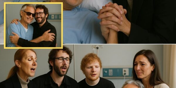 Andrea Bocelli – the legendary tenor of the world – was rushed to the hospital in the middle of the night, leaving fans around the globe in shock. Just hours after the news broke, the hospital hallway unexpectedly filled with the sound of footsteps and the gentle notes of a piano: Celine Dion, Josh Groban, and Ed Sheeran arrived, carrying white flowers and the melodies he had always cherished. Bocelli sat in a wheelchair, eyes closed, a faint smile on his lips as he listened to each note. His wife, Veronica, stood by his side, tears welling in her eyes. There were no stage lights, no ticketed audience – only a quiet performance among lifelong friends. Nurses paused in their tracks, listening in silence, as that moment became one of the most moving concerts of Bocelli’s life – right there in the hospital, where the love of music rose above illness.