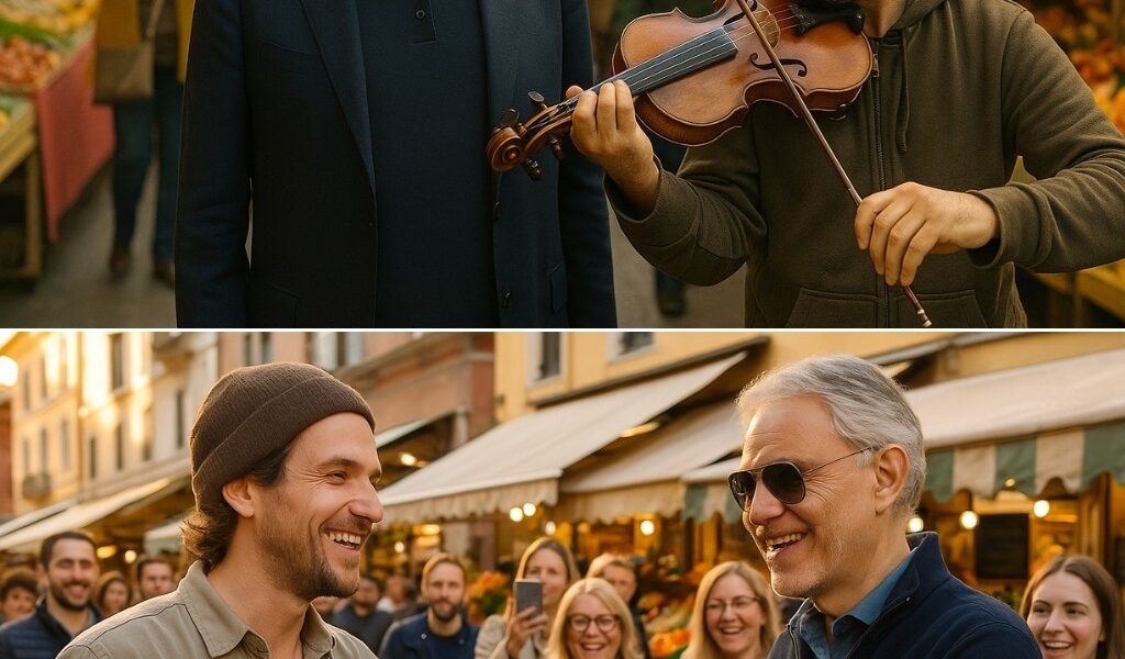 When a street musician began playing “Con Te Partirò,” Andrea Bocelli unexpectedly stopped nearby and joined in with his voice. The crowd at the bustling market fell into complete silence, captivated by the magical harmony between the two voices. Bocelli’s spontaneous duet transformed the ordinary street scene into an unforgettable moment of beauty and connection, leaving everyone present breathless and deeply moved.