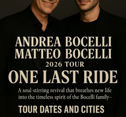 World-renowned tenor Andrea Bocelli, together with his son Matteo Bocelli, has officially announced the 2026 tour “ONE LAST RIDE.” This soul-stirring revival promises to breathe new life into the timeless spirit of the Bocelli family, uniting generations of music lovers in an unforgettable celebration of faith, love, and the power of song.