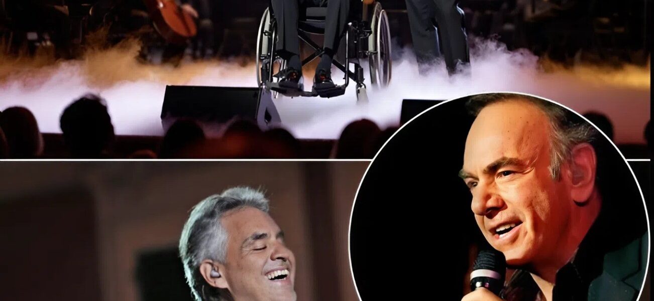 At Buckingham Palace, Neil Diamond, 84, sits in a wheelchair, his voice steady but full of emotion, as Andrea Bocelli, visually impaired yet radiant, joins him for a once-in-a-lifetime duet at a private royal gala, the grand ballroom sparkling under crystal chandeliers as royals and elite guests hold back tears. Together, the two legends harmonize timeless classics, their melodies weaving decades of history, love, and artistry into every note, while the audience—senior members of the royal family included—leans forward, captivated by an intimate performance that feels both personal and monumental.