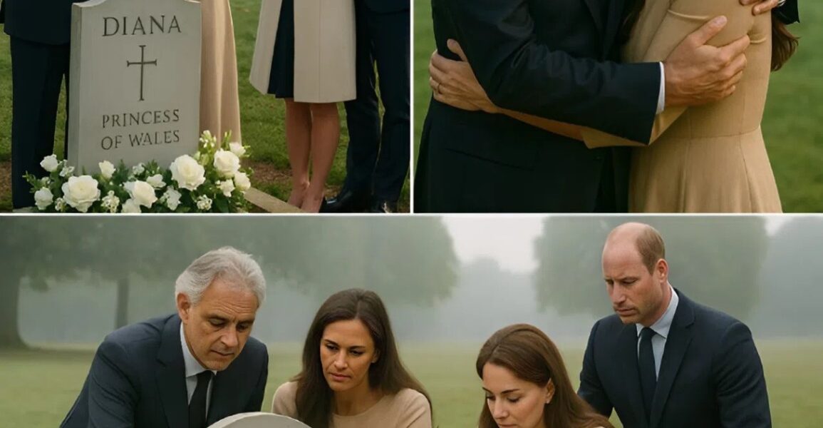 On a still morning at Althorp, Andrea Bocelli and his wife Veronica appeared without fanfare, carrying only a white rose and reverence in their hearts. As his voice rose in “Un Amore Così Grande,” the sound seemed to dissolve into the breeze, silencing the crowd. Kate wept, William held her hand—music became memory, love, and tribute.