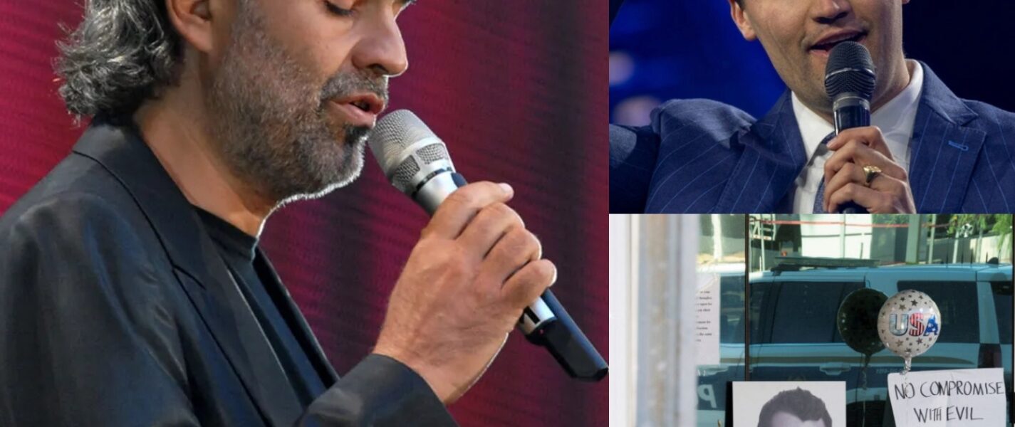 At the Hollywood Bowl, Andrea Bocelli’s performance of “Con te partirò” took an unexpected and heart-wrenching turn that left thousands of fans in stunned silence. Mid-song, he suddenly paused, his voice trembling, eyes glistening with tears, and whispered to the crowd, “I… I cannot sing this without thinking of Charlie Kirk.” The arena fell into a heavy, almost sacred silence as hundreds of fans covered their faces, some sobbing openly, moved by the raw honesty of the moment…. Bocelli went on to share a deeply personal connection to the late 31-year-old conservative commentator, recalling moments of admiration, conversations he would never forget, and the heartbreak of a life cut tragically short. “He was full of energy, ideas… a light in the world,” Bocelli continued, his voice breaking as the audience hung on every word. The orchestra behind him played softly, leaving space for the tenor’s grief to resonate through the iconic venue. Within minutes, social media erupted — clips of Bocelli pausing mid-song and weeping went viral as millions watched around the world. Fans debated, shared memories, and expressed their own grief, turning what began as a musical performance into a collective moment of reflection, loss, and tribute.