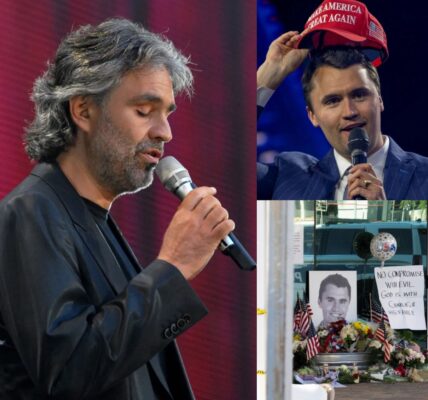 At the Hollywood Bowl, Andrea Bocelli’s performance of “Con te partirò” took an unexpected and heart-wrenching turn that left thousands of fans in stunned silence. Mid-song, he suddenly paused, his voice trembling, eyes glistening with tears, and whispered to the crowd, “I… I cannot sing this without thinking of Charlie Kirk.” The arena fell into a heavy, almost sacred silence as hundreds of fans covered their faces, some sobbing openly, moved by the raw honesty of the moment…. Bocelli went on to share a deeply personal connection to the late 31-year-old conservative commentator, recalling moments of admiration, conversations he would never forget, and the heartbreak of a life cut tragically short. “He was full of energy, ideas… a light in the world,” Bocelli continued, his voice breaking as the audience hung on every word. The orchestra behind him played softly, leaving space for the tenor’s grief to resonate through the iconic venue. Within minutes, social media erupted — clips of Bocelli pausing mid-song and weeping went viral as millions watched around the world. Fans debated, shared memories, and expressed their own grief, turning what began as a musical performance into a collective moment of reflection, loss, and tribute.