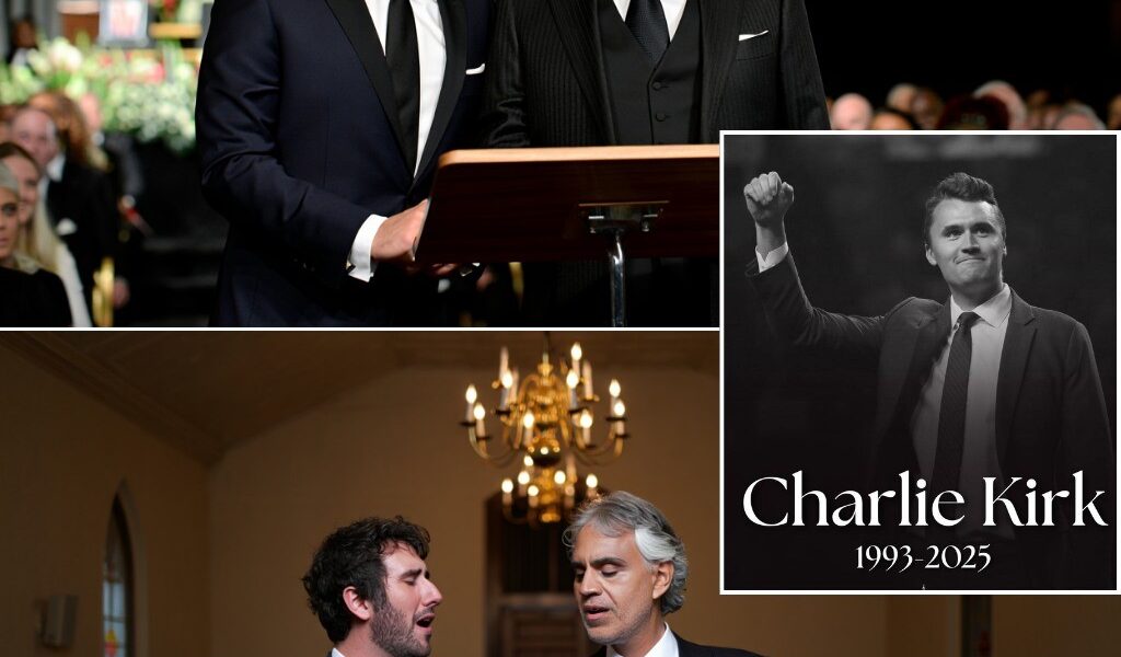 At Charlie Kirk’s funeral, where grief hung heavier than the church bells, two of the world’s greatest voices came together for a moment no one will ever forget. Josh Groban, trembling yet determined, revealed that he had written a brand-new song within 15 minutes of learning of Kirk’s assassination. With Andrea Bocelli by his side, the two delivered a performance so powerful, mourners swore the air itself seemed to stop.