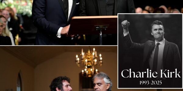 At Charlie Kirk’s funeral, where grief hung heavier than the church bells, two of the world’s greatest voices came together for a moment no one will ever forget. Josh Groban, trembling yet determined, revealed that he had written a brand-new song within 15 minutes of learning of Kirk’s assassination. With Andrea Bocelli by his side, the two delivered a performance so powerful, mourners swore the air itself seemed to stop.