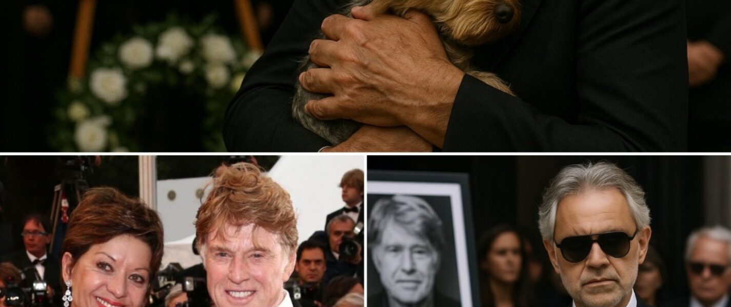 BREAKING NEWS: Andrea Bocelli’s quiet entrance at Robert Redford’s funeral stunned mourners into silence. As a loyal brown-and-white pup sat faithfully by the casket, waiting for the master he would never see again, Bocelli knelt, stroked its head, and whispered: “You are not alone. I will take care of you.” In that sacred moment, the world’s greatest tenor became guardian of Redford’s final companion, turning grief into an eternal promise.
