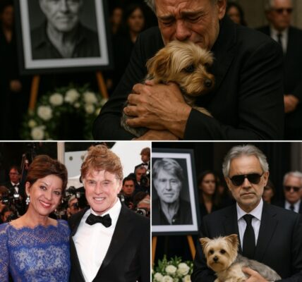 BREAKING NEWS: Andrea Bocelli’s quiet entrance at Robert Redford’s funeral stunned mourners into silence. As a loyal brown-and-white pup sat faithfully by the casket, waiting for the master he would never see again, Bocelli knelt, stroked its head, and whispered: “You are not alone. I will take care of you.” In that sacred moment, the world’s greatest tenor became guardian of Redford’s final companion, turning grief into an eternal promise.