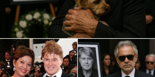BREAKING NEWS: Andrea Bocelli’s quiet entrance at Robert Redford’s funeral stunned mourners into silence. As a loyal brown-and-white pup sat faithfully by the casket, waiting for the master he would never see again, Bocelli knelt, stroked its head, and whispered: “You are not alone. I will take care of you.” In that sacred moment, the world’s greatest tenor became guardian of Redford’s final companion, turning grief into an eternal promise.
