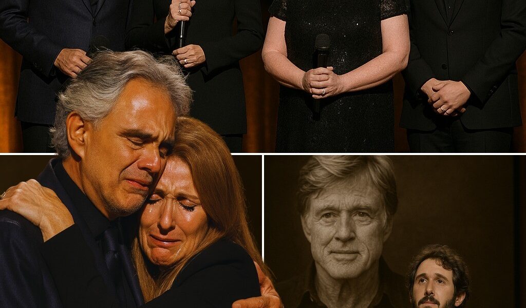 Andrea Bocelli’s trembling voice, Celine Dion’s fragile grace, Susan Boyle’s humble truth, and Josh Groban’s tearful song turned a star-studded night into something far deeper—a raw farewell to Robert Redford. No scripts. No glitter. Only memories spoken through cracked voices and music that silenced the room. Fans are calling it the most emotional tribute in years—yet one haunting question remains: was it goodbye, or the beginning of Redford’s eternal legacy?
