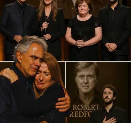 Andrea Bocelli’s trembling voice, Celine Dion’s fragile grace, Susan Boyle’s humble truth, and Josh Groban’s tearful song turned a star-studded night into something far deeper—a raw farewell to Robert Redford. No scripts. No glitter. Only memories spoken through cracked voices and music that silenced the room. Fans are calling it the most emotional tribute in years—yet one haunting question remains: was it goodbye, or the beginning of Redford’s eternal legacy?