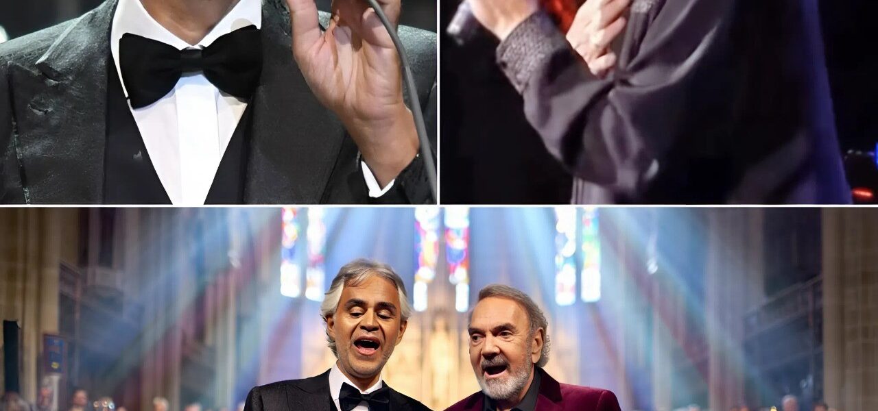 Andrea Bocelli and Neil Diamond stunned the world with a once-in-a-lifetime duet inside a gothic cathedral, beneath stained glass windows glowing in candlelight, their voices blending like a prayer more than a performance; Bocelli stood in classic black tuxedo radiating elegance, while Diamond shone in a burgundy velvet blazer with silver bolo tie, their harmony so moving that the audience sat frozen in awe before erupting into thunderous applause, calling it not just a concert but a glimpse of heaven itself.