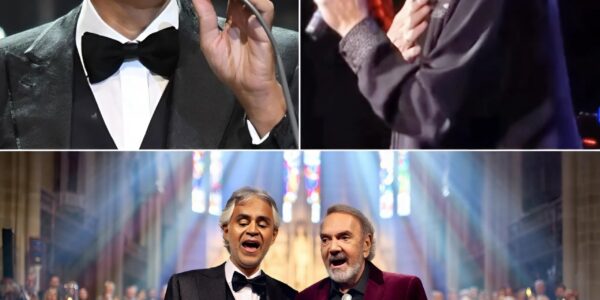 Andrea Bocelli and Neil Diamond stunned the world with a once-in-a-lifetime duet inside a gothic cathedral, beneath stained glass windows glowing in candlelight, their voices blending like a prayer more than a performance; Bocelli stood in classic black tuxedo radiating elegance, while Diamond shone in a burgundy velvet blazer with silver bolo tie, their harmony so moving that the audience sat frozen in awe before erupting into thunderous applause, calling it not just a concert but a glimpse of heaven itself.